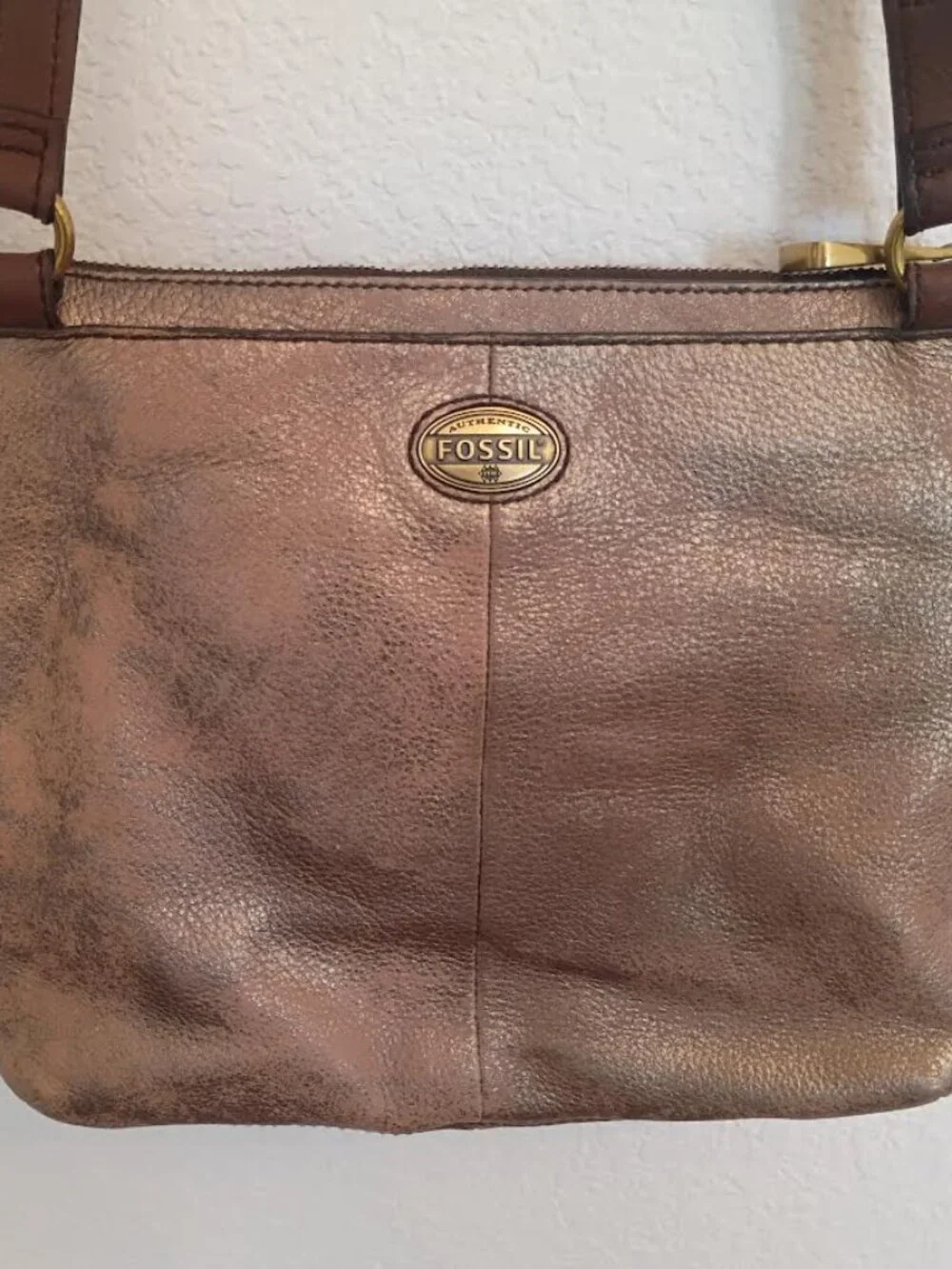 FOSSIL EXPLORER MEDIUM CROSSBODY TRIPLE ZIPPER GOLD TAN CROSSBODY LEATHER BAG